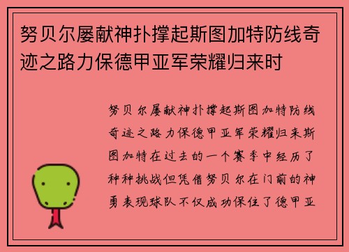 努贝尔屡献神扑撑起斯图加特防线奇迹之路力保德甲亚军荣耀归来时